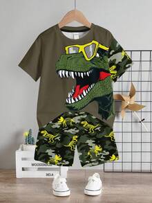 SHEIN 2pcs/Set Young Boy Casual Cartoon Dinosaur Print Round Neck Short Sleeve T-Shirt And Shorts Set, Summer - Multicolor - View 1