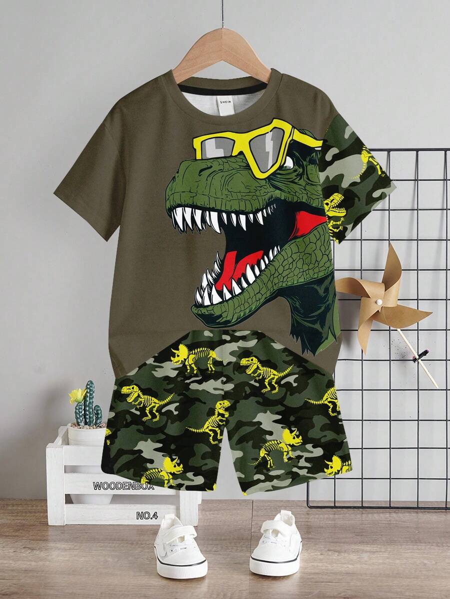 SHEIN 2pcs/Set Young Boy Casual Cartoon Dinosaur Print Round Neck Short Sleeve T-Shirt And Shorts Set, Summer - Multicolor - View 1