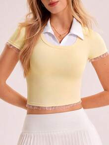 Gameset SHEIN Sport 女式运动 Polo 衫，二合一，撞色 Polo 领，不对称荷叶边下摆和袖口，适合休闲穿着、跑步、瑜伽、健身、网球、高尔夫等，春季、秋季、冬季 - 彩色 - 查看 6