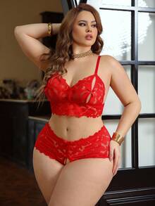 SHEIN Bộ đồ lót ren gợi cảm 2 món cỡ lớn cho nữ - Đỏ - Xem 1