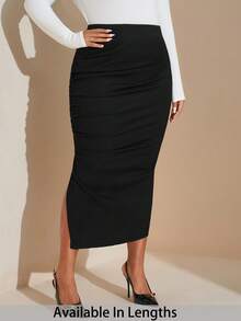 SHEIN Tall CURVE Plus Size High Waist Ruched Split Thigh Skirt - Black - View 1