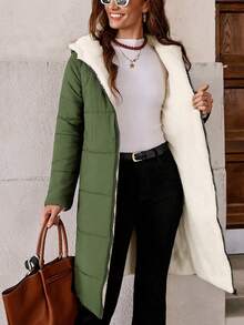 SHEIN Clasi 女式拉链连帽泰迪熊衬里绗缝大衣（秋冬） - 軍綠色 - 查看 4