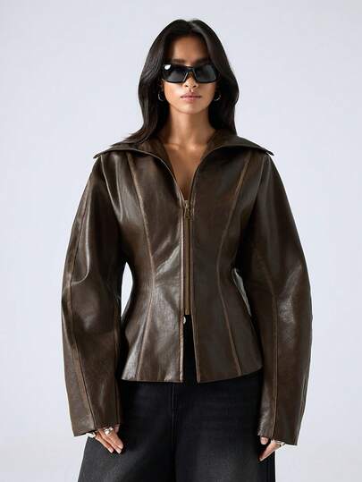 LYSMO 2025 New Arrive Minimalism Fall Winter Women's Solid Color Long Sleeve Zip-Up Waist Cinched PU Leather Fashion Regular Jacket,Fall,Fall Clothes For Women