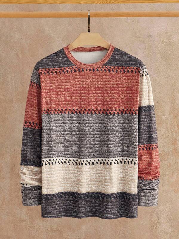 HIMLAND Men's Casual Textured Fabric Printed Long Sleeve Shirt,Stretchy Men Long Sleeve Top Men Sweater Top Men Patchwork Top Men Knit Tops Knitted Jersey