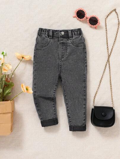 SHEIN Baby Girl Button Waist Band Straight Leg Fashionable Casual Blue Denim Pants,Fall Back To School Cute Jeans,Baby Girl Fall Jeans