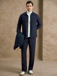 Core Aspect Men's Solid Color Long Sleeve Single-Breasted Shirt And Pants Casual Suit, Autumn - Navy Blue - View 6