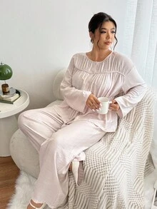 Lounesse Conjunto casual de 2 piezas de blusa y pantalones de talla grande para mujer, de unicolor, con hombros caídos, manga larga, abotonadura sencilla, pliegues, blusa y pantalones, conjunto de lino de 2 piezas, ropa de gasa para mujer, top con cintura ceñida, top de verano modesto - Albaricoque - Ver 6