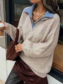 DAZY 女士撞色领宽松休闲毛衣，秋冬 - 卡其色 - 查看 3
