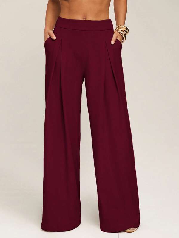 Silquee Women's Casual Solid Color Loose Pocket Pants Wide Leg Pants Palazzo Pants Pleated Pants Loose Pants,Fall,Cozy Fall And Winter Clothes For Women