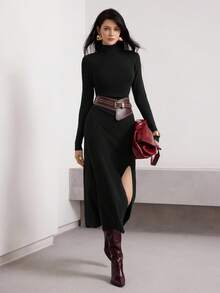 Heiryn 女士休闲针织毛衣连衣裙，秋冬季 - 黑色 - 查看 1