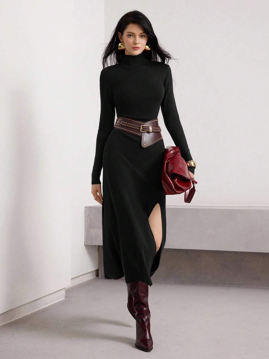 Heiryn 女士休闲针织毛衣连衣裙，秋冬季 - 黑色 - 查看 1