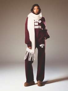 MISSGUIDED 针织阔腿运动裤，饰有品牌标志，秋冬舒适休闲裤，圣诞节必备 - 酒紅色 - 查看 1