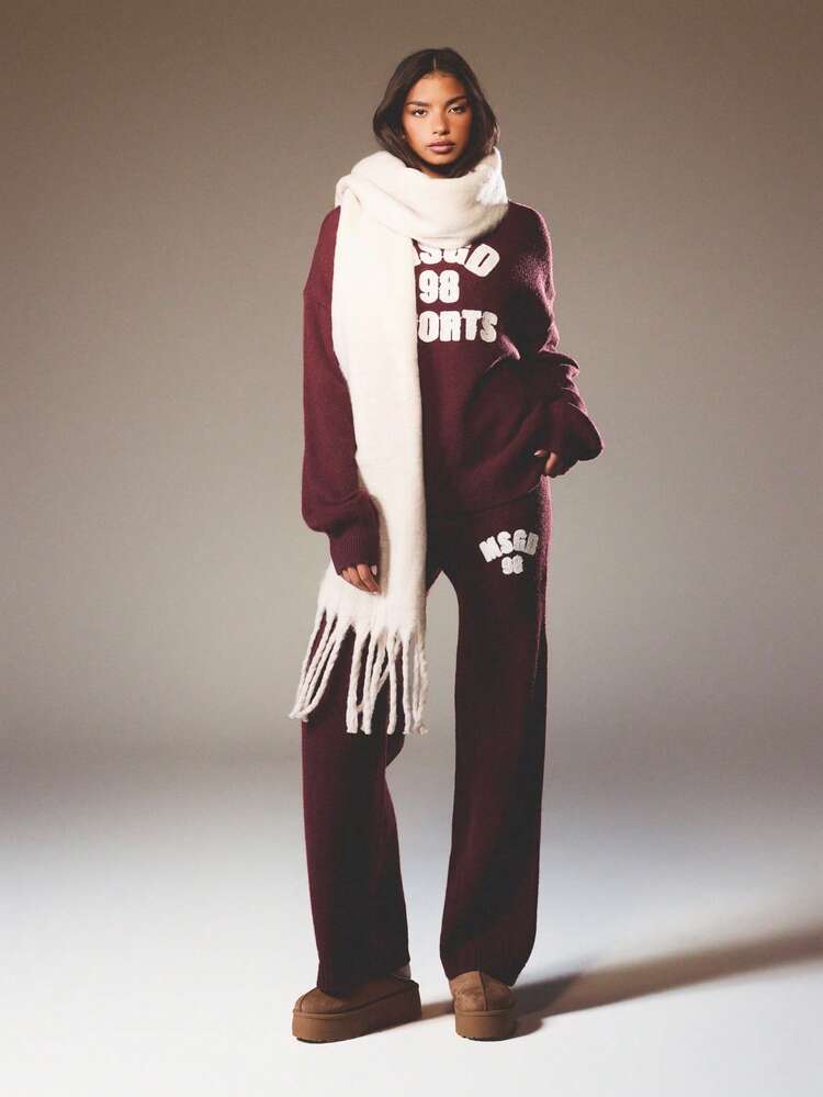 MISSGUIDED Calça de Moletom de Perna Larga Tricotada com Detalhe de Logo, Calça Confortável de Inverno