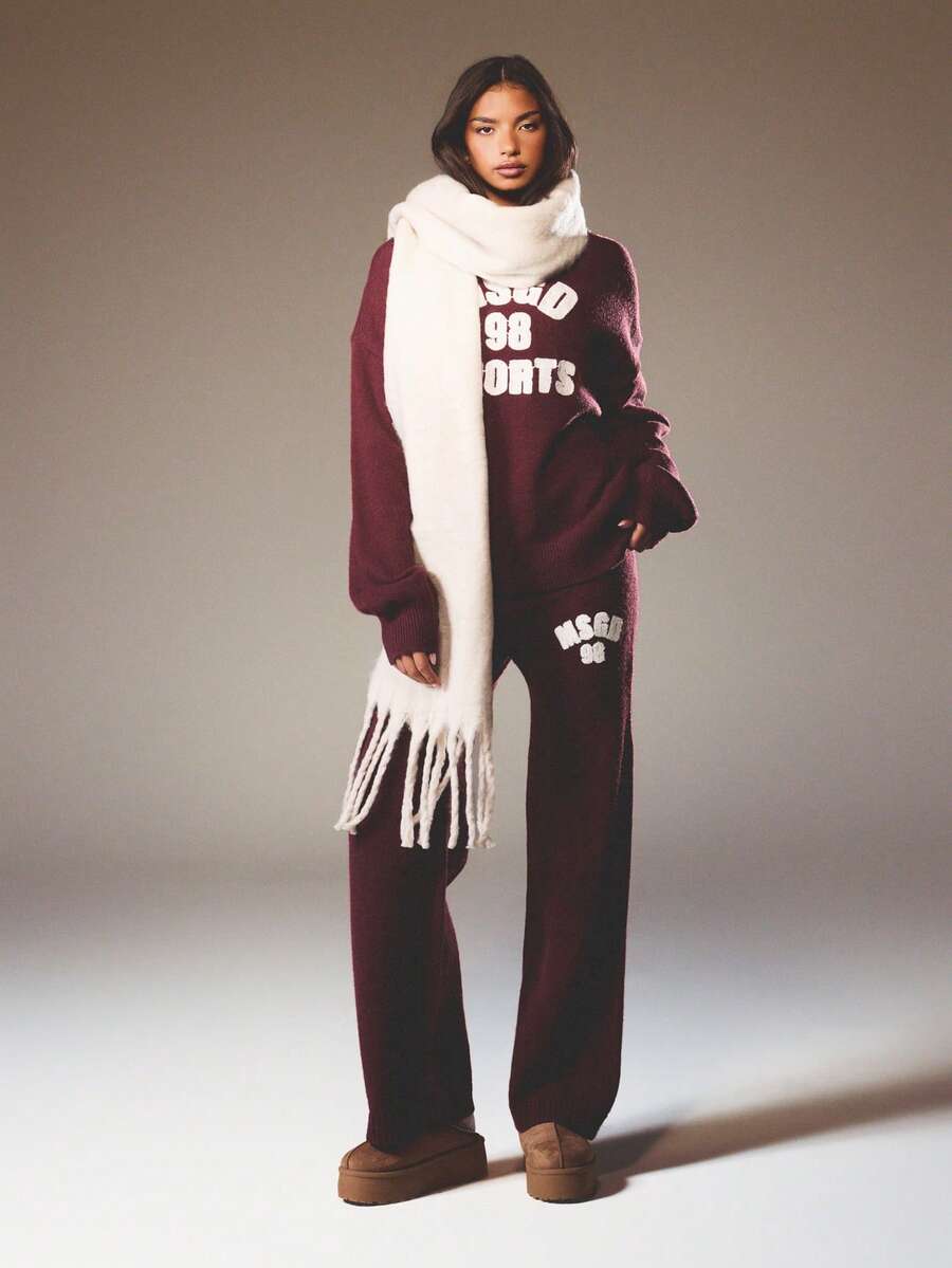 MISSGUIDED 针织阔腿运动裤，饰有品牌标志，秋冬舒适休闲裤，圣诞节必备 - 酒紅色 - 查看 1