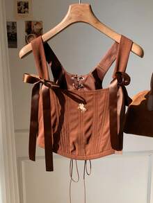 Comfortcana 2025 New Fall And Winter Fashionable Women's Western Style Lace-Up Embroidered Top Brown Corset New Year Look Christmas For Women Thanksgiving For Women Party Vintage Style