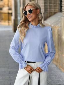 SHEIN Clasi Elegante Damenbluse mit blau-weißen Streifen und Mandarin-Kragen, Rüschenärmeln im französischen Stil, langärmliges vielseitiges Herbst-Büro-Basisshirt - Blau - Übersicht 7