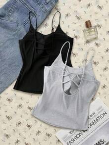 SHEIN Tall CURVE 大码休闲百搭纯色吊带背心，带衬垫胸罩，适合夏季情人节、海滩度假，黑色上衣，黑灰色 - 彩色 - 查看 6