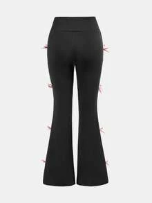 SHEIN Nova Glow Tween 女童侧条纹喇叭休闲裤，撞色丝带和蝴蝶结装饰，适合返校和日常穿着 - 黑色 - 查看 5