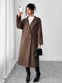 Elenzga Plus Size Solid Color Double-Breasted Woolen Coat, Fashionable For Commuting, Autumn/Winter