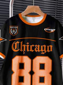 SHEIN Bộ 2 áo thun cổ tròn tay ngắn in hình ngôi sao và quần short phong cách thể thao bóng chày cổ điển dành cho bé trai tuổi teen, số 88, họa tiết Gothic Chicago, thích hợp cho mùa hè - Nhiều màu - Xem 4