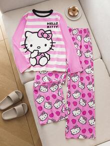 HELLO KITTY AND FRIENDS | SHEIN 2 件套少女可爱卡通小猫心形印花条纹拼色圆领长袖上衣和裤子睡衣套装 - 粉色 - 查看 3