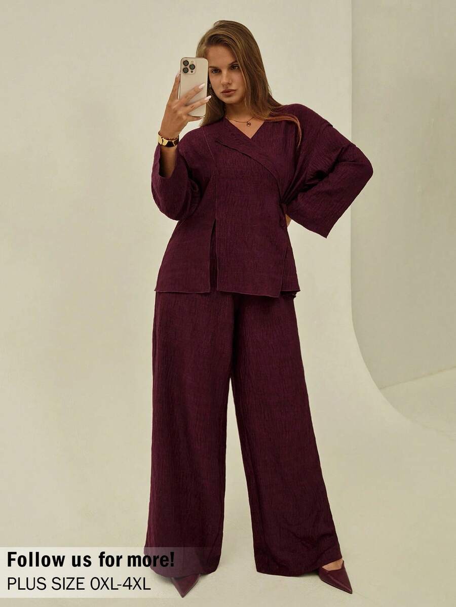 Auralis Plus Size Summer Outfits For Women Vacation Outfits Woman Beach Outfits For Woman Spring Outfits For Women Business Casual Woman Vacation Spring Church Clothes Women Concert Outfit Women Work Clothes Women Old Money Style Women Vacation Outfits Business Casual Modest Concert Outfits 2pcs/Set Asymmetric Neckline Side Knotted Top And Loose Wide-Leg Pants For Plus Size - Burgundy - View 1