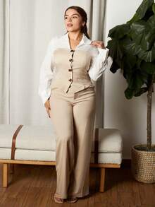 Lupita Cardoza 休闲优雅杏色仿亚麻拼布衬衫配宽松直筒西装裤两件套女装/秋季女装/通勤装/教师装/返校季/复古款/商务休闲女装/女士办公室装 - 杏色 - 查看 2