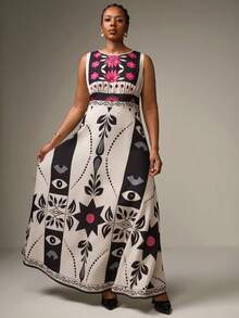SHEIN Tall CURVE Street Style Plus Size Women Tropical Rainforest Print Sleeveless Maxi Dress,Boho Clothes Women Graphic Dress Unique Dress Patchwork Dress Floral Print Maxi Dress Abstract Print Dress Patch Work Dress Long Dress Summer Mexican Style Dress Women
