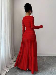 Selianne Women's Pink Textured Fabric Casual Vacation Style Long Sleeve Square Neck Button-Up Top With Paneled Design And Flared Skirt 2-Piece Set, Autumn - Red - View 2