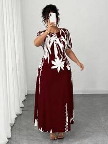 Elenzga Plus Size Women Elegant A-Line Waist Cinched Midi Dress, Flattering For Everyday & Commute - Burgundy - View 7