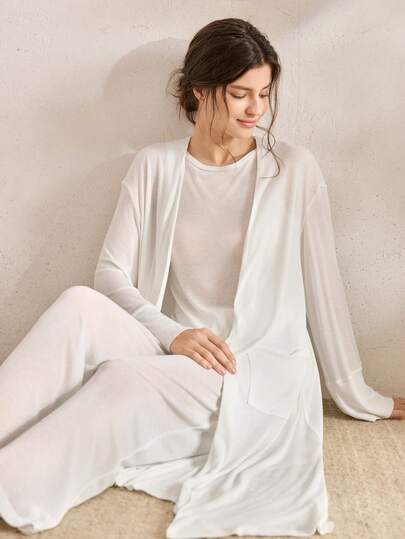 Ocili 休闲白色天丝舒适简约柔软睡衣家居服，时尚秋季优质舒适简约男女通用女士睡袍，冬季