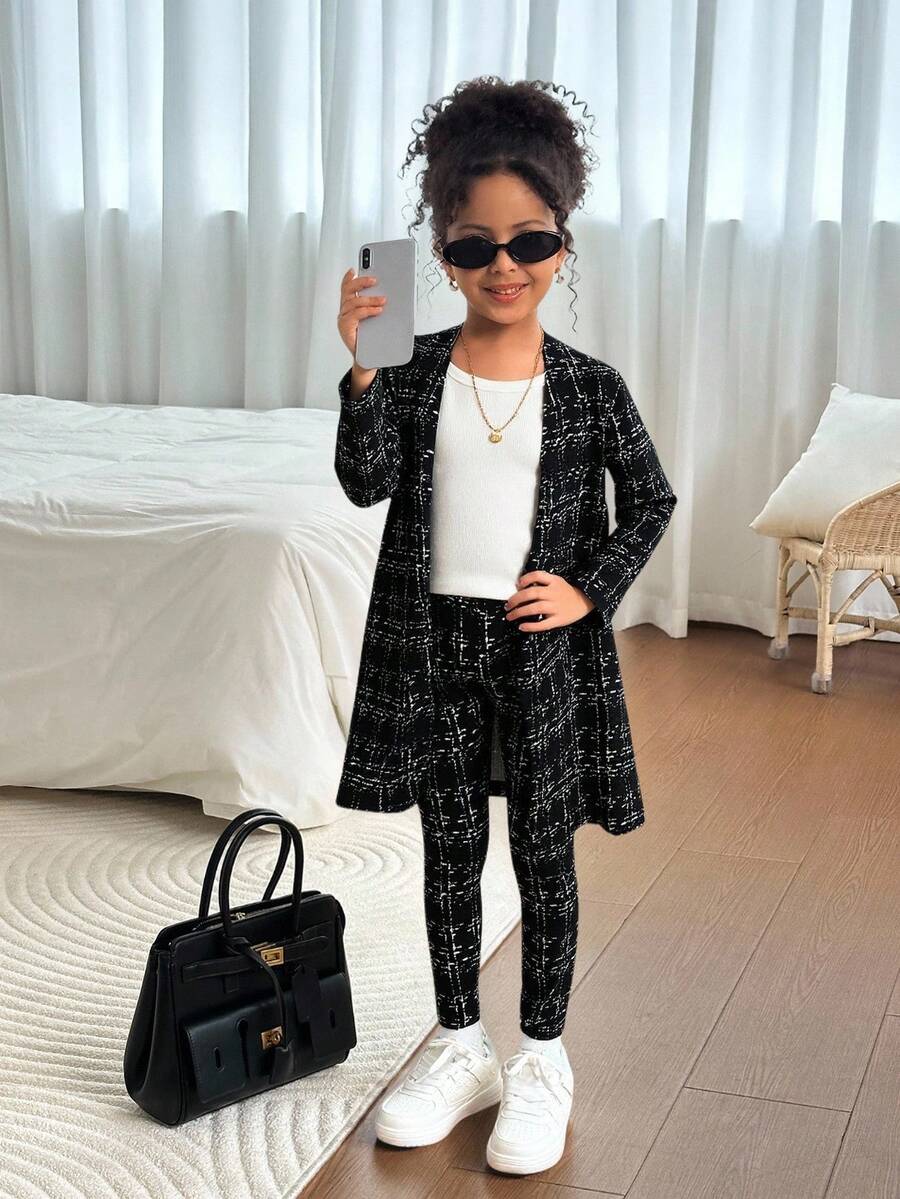 SHEIN 3pcs/Set Young Girl Tween Girl Frenchy Allover Print Long Sleeve Jacket And Cami Top & Drawstring Pants Elegant Outfit,Elagant,Fashion.,Autumn Winter ,School Daily Wear,Back To School Season.Cute Elagant,Fashionable ,Autumn Winter. Girls Blazer Set, Kids Blazers Suit Girls, Little Girls Business Suit - Black - View 1