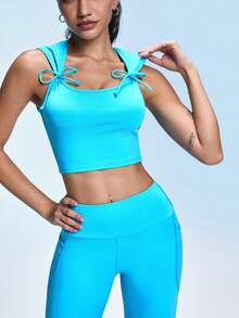 Dewbera Dewbera Women's Turquoise Blue Bow Decor Sports Tank Top & Leggings With Phone Pocket,Summer Athleisure Yoga Workout Set,Casual Pilates Gym Activewear Suits - Blue - View 6