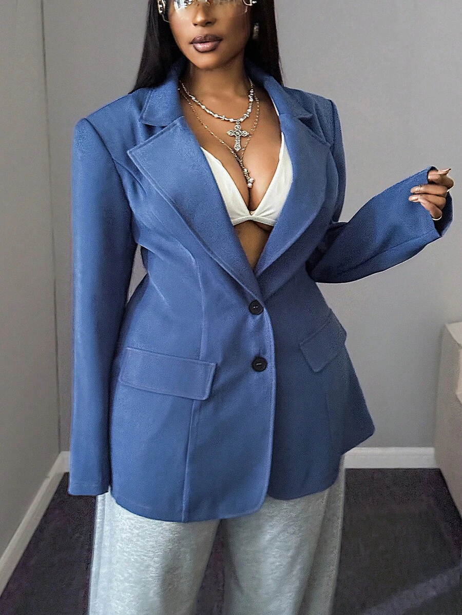 Maweii Áo khoác blazer màu trơn đơn hàng khuy đơn thời trang thường ngày dành cho nữ cỡ lớn, gợi cảm - Màu xanh lam - Xem 1