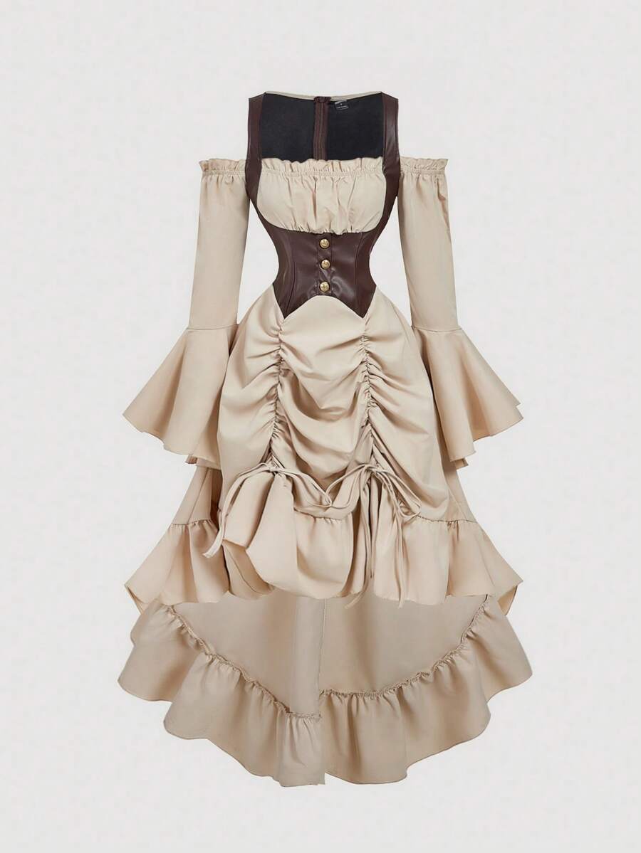 SHEIN MOD 女士杏色连衣裙，PU拼接，喇叭袖，荷叶边装饰 - 杏色 - 查看 1