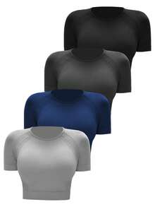 Easithlete Camiseta deportiva corta de mujer de unicolor con cuello redondo y mangas raglán de corta duración - Multicolor - Ver 6