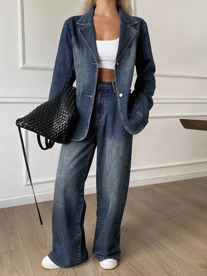 DAZY Women's Autumn Lapel Jacket And Loose Fit Jeans Set