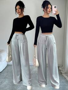 SHEIN Elenzya 优雅褶皱弹力腰浅灰色女士运动裤 - 淺灰色 - 查看 1