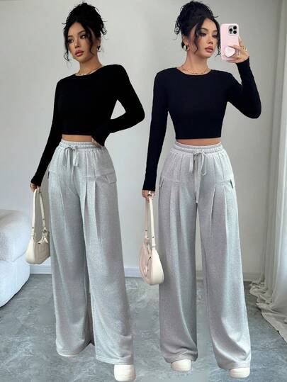 SHEIN Elenzya Elegant Pleated Elastic Waist Light Grey Women's Sweatpants