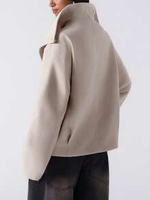 LYSMO 女式纯色高领前扣口袋长袖常规夹克，秋冬 - 杏色 - 查看 2