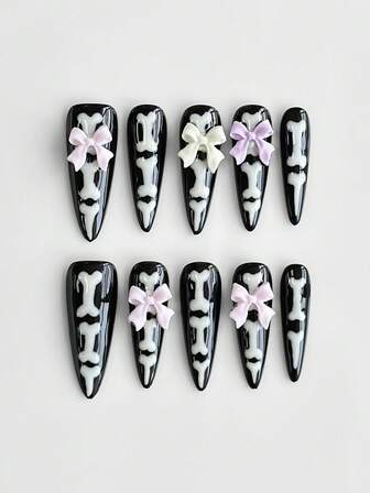 10pcs Dark Punk Style Halloween Handmade Press-On Nails + 3 Sheets Double-Sided Adhesive, Y2K Gothic Manicure Set, Removable, Rhinestone Decorated With Faux Pearl Chain, Suitable For Festivals, Parties, Dancing And Daily Wear