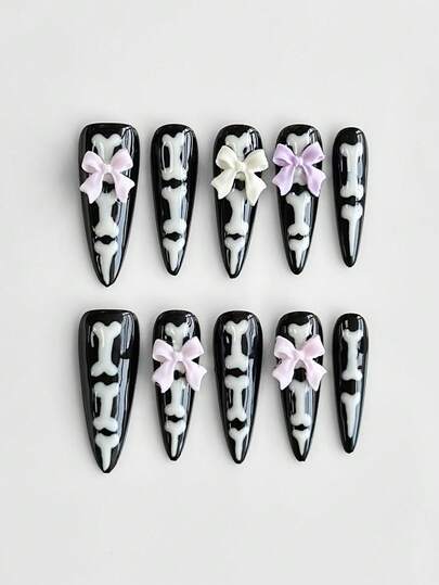 10pcs Dark Punk Style Halloween Handmade Press-On Nails + 3 Sheets Double-Sided Adhesive, Y2K Gothic Manicure Set, Removable, Rhinestone Decorated With Faux Pearl Chain, Suitable For Festivals, Parties, Dancing And Daily Wear
