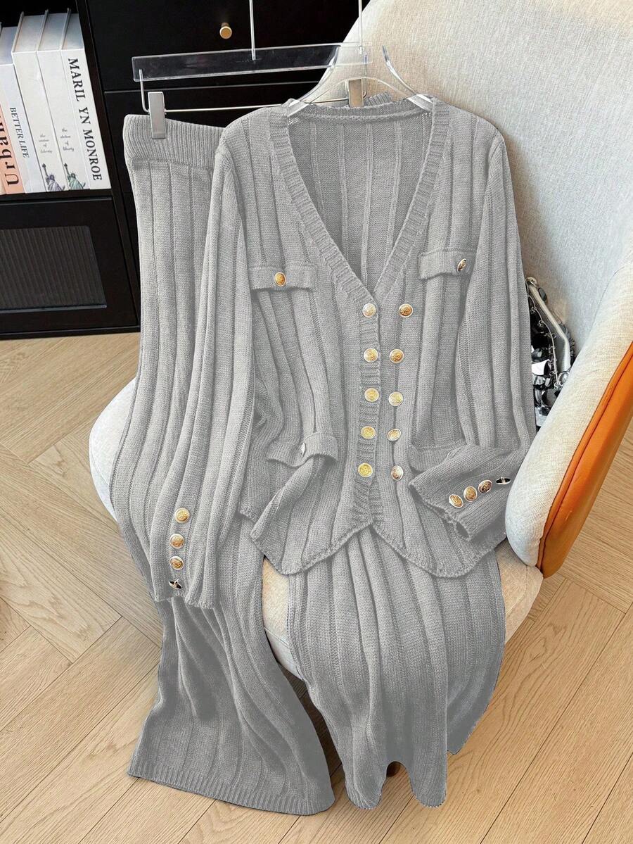 GlowEve CURVE Plus Size Solid Color Cardigan & Knit Pants Set, Casual For Autumn/Winter - Light Grey - View 1