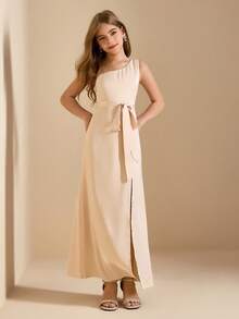 Elegant Flower Girl Dress For Graduation, Wedding, Ball, Halloween, Christmas, Champagne Satin One-Shoulder Waist Bow Strap Backless Midi Dress For Tween Girl, Fashion Open Hem Puffy Princess Dress For Back To School - Champagne - View 4