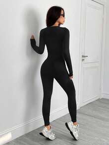 SHEIN PETITE Mono de mujer de manga larga, cuello cuadrado y unicolor, ajustado, para otoño - Negro - Ver 2