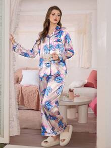 SHEIN SweetSlumber 可爱动物纹格子女士睡衣套装，长袖上衣和裤子，适合居家休闲和冬季穿着。 - 粉色 - 查看 1