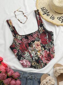 SHEIN VCAY Plus Size Elegant Floral Print Tank Top, Summer - Multicolor - View 1