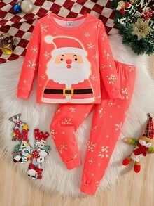 2件套男童可爱圣诞夜光圣诞老人卡通图案长袖修身睡衣套装，秋冬款 - 紅色 - 查看 3