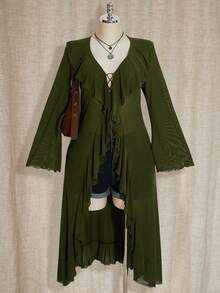 SHEIN ICON Plus Size Military Green Exaggerated Ruffle Front Tie Knit Top - Army Green - View 3