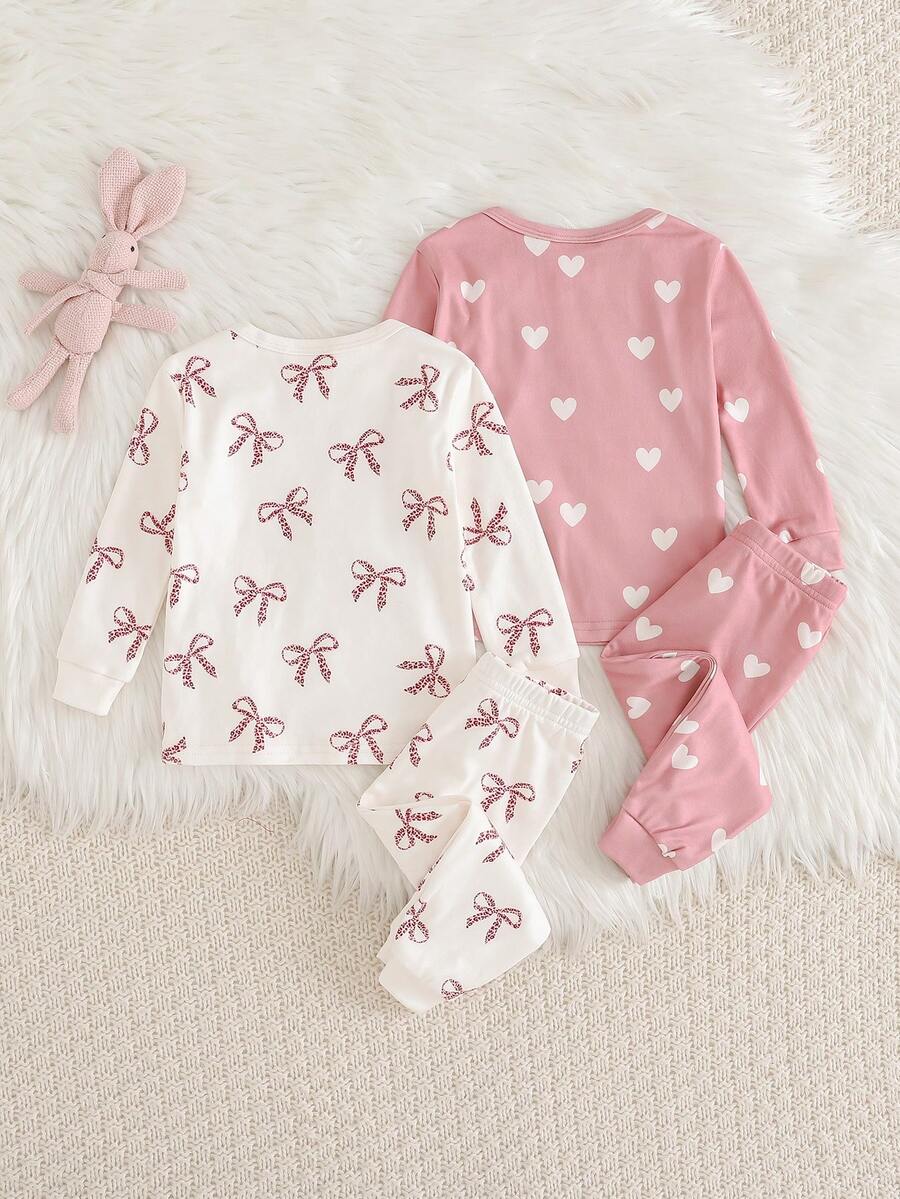 Cozy Pixies 4 件套女婴心形蝴蝶结针织柔软圆领长袖上衣和松紧腰紧身裤舒适睡衣套装 - 粉色 - 查看 1